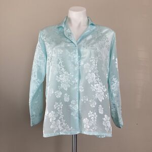 Vintage 90s Romantic PJ Top Blue Floral Medium Ashley Ames Going Out Lingerie